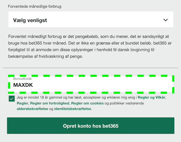 registrering med bet365 bonuskode