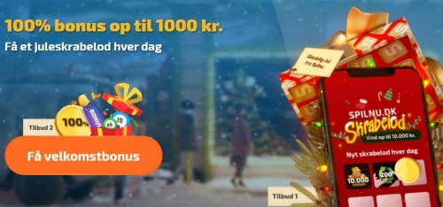 spilnu.dk bonus 100% op til 1000 kr eller 1 juleskrabelod hver dag